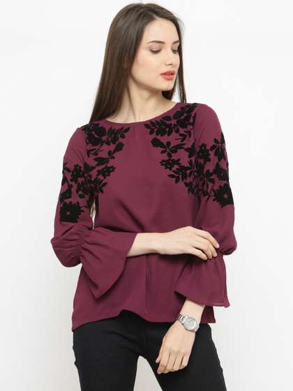 Black Stitching Design Random Floral Print Round Neck Long Sleeves Blouses